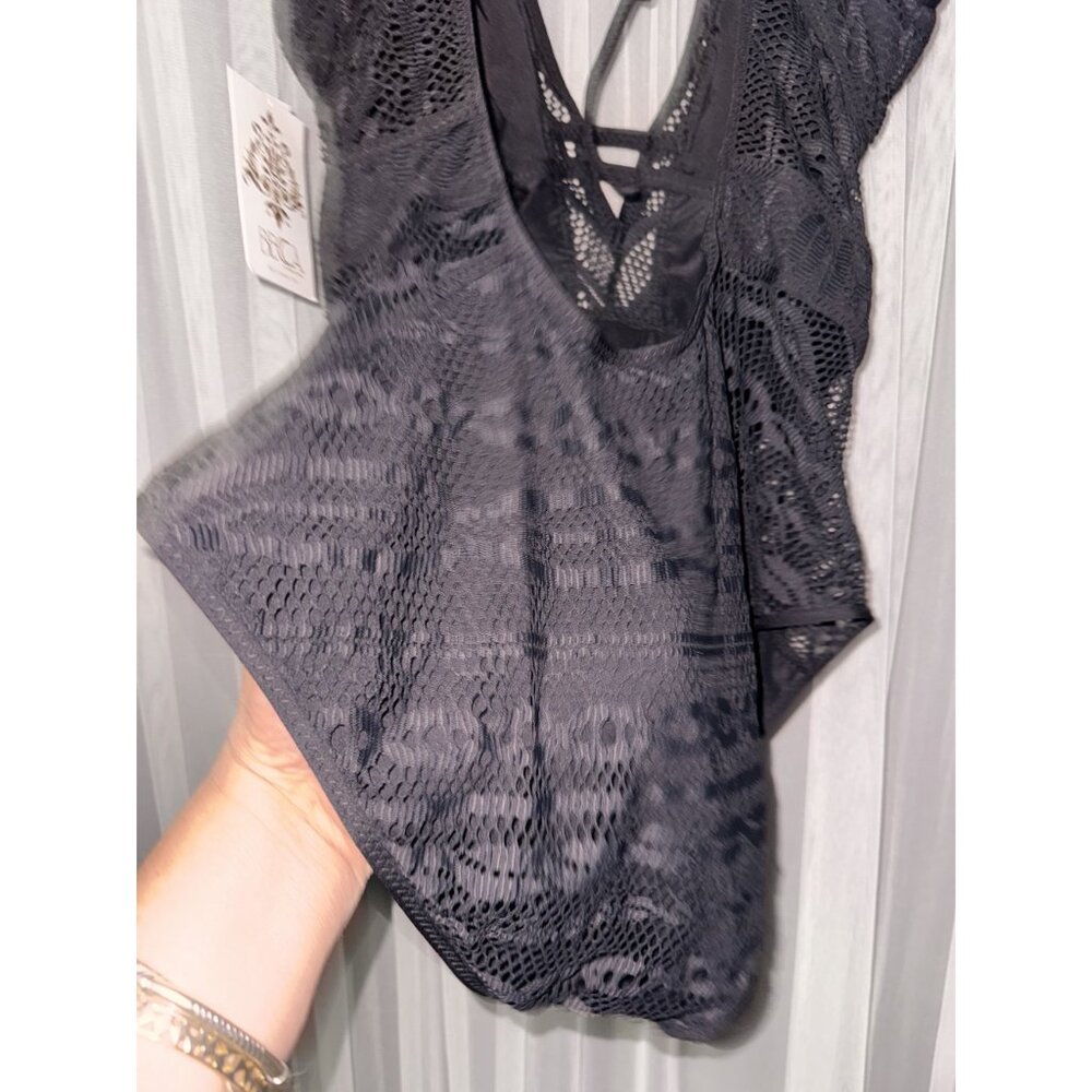 Black Mesh Lace-Up One-Piece Swimsuit With Removable Cups XXL - Picture 13 of 15